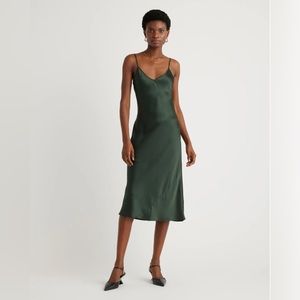 Quince NEW 100% Washable Silk Slip Dress - Forest Green